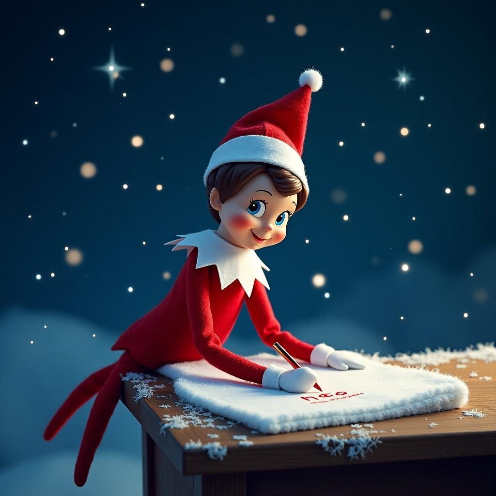 A charming Elf on the Shelf is sitting at a wooden table, writing names on a fluffy white cloth. The elf is dressed in a classic red outfit with a white collar and a pointy red hat, exuding a cheerful demeanor. Soft snowflakes are falling around, creating a whimsical winter atmosphere. The background is a deep blue, enhancing the festive mood. Sparks of fairy lights and stars can be seen in the air, adding a touch of magic to the scene.