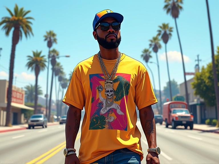 A confident Black male rapper stands on a bright Los Angeles street during the day. He has a graphic t-shirt and flashy accessories. The background features palm trees and urban elements typical of LA streets. The illustration captures the vibrant sunlit atmosphere in a style reminiscent of a video game.