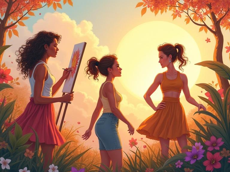 Illustration showing three women in their 40s and 50s. One woman painting with passion. Another woman strengthening with a supportive group. The third mentoring young women. Surrounded by blooming flowers and glowing light. Use warm colors for empowerment and resilience.
