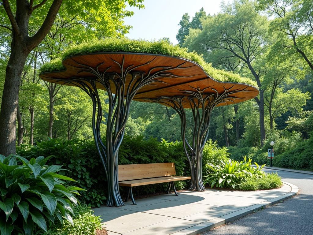 A small bus stop surrounded by lush greenery. The roof is supported by fractal branching steel pillars, creating a canopy-like structure. This design gives it an organic, biomorphic appearance. The structural elements are lightweight, enhancing the natural feel of the bus stop. It seamlessly blends into the natural surroundings, providing both shelter and aesthetic appeal.