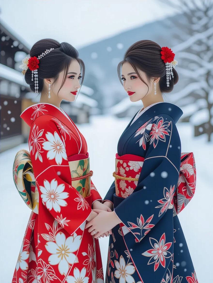 Fashion photoshoot features two Japanese women holding hands. Both wear haute couture kimono dresses. The setting is a snowy day in Japanese countryside. The image is ultra-realistic and has high resolution with bokeh effect.