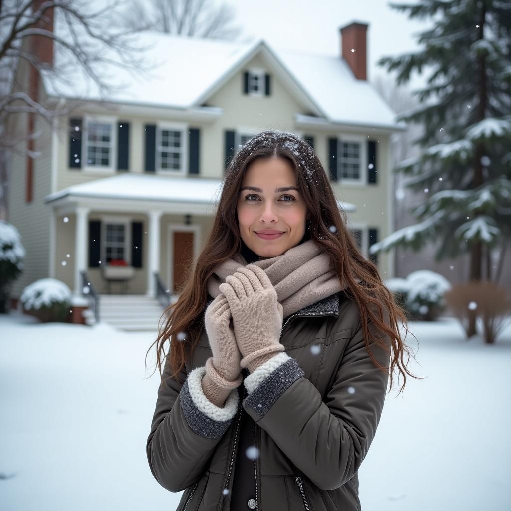 A woman is standing in front of a southern-style house during a gentle snowfall. She is wearing a warm, stylish coat and gloves, looking comfortably cozy. Snowflakes are lightly falling around her, creating a serene winter atmosphere. The house behind her is beautifully designed, with a charming porch and surrounded by snow. This image evokes feelings of warmth and tranquility amidst a cold winter day.