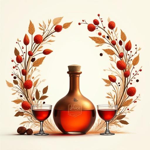 Mesmerizing conceptual artwork in modern minimalist style. Design suitable for block printing. The main focus is on a lower apothecary-style bottle 'ALFRUNO'. The bottle radiates golden-red glow. A cork lid sits on top. Two cocktail glasses flank the bottle. Surrounded by wild motifs including herbs, roses, rosehips, hazelnuts, sloe berries, and flowers against a white-beige background.