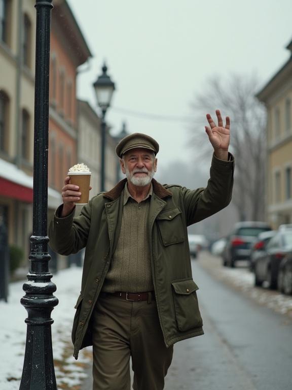 Street scene featuring an elderly man celebrating with a hot chocolate. The man raises a hand while posing victoriously. Background includes a knocked-over lamp post and a snowy street. The atmosphere conveys a humorous parody of a war movie.