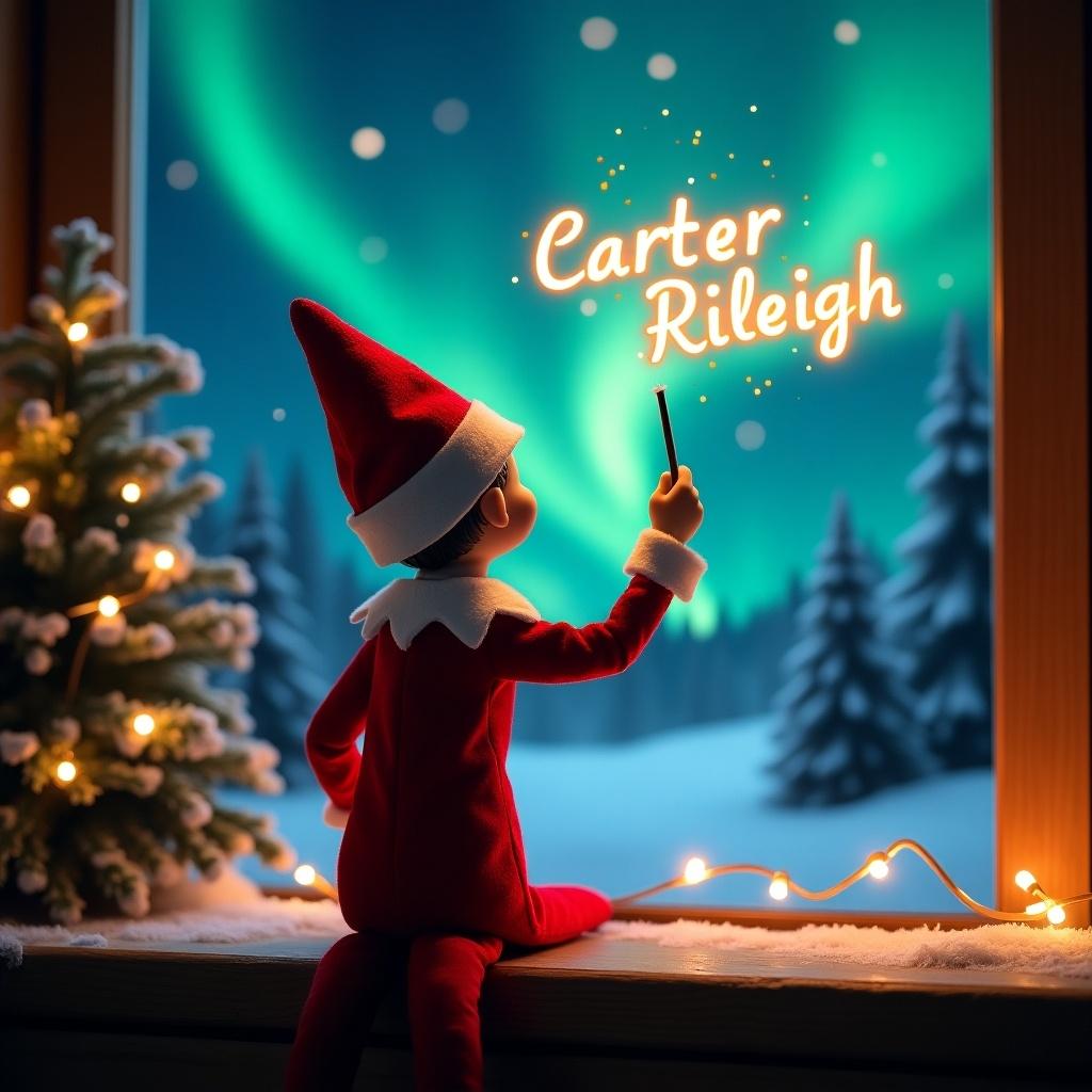 An enchanting Christmas scene featuring an elf on the shelf. The elf is dressed in a classic red and white outfit, sitting on a windowsill. He is facing the colorful northern lights, back to the viewer, and holding a magic wand. The elf is writing 'Carter' and 'Rileigh' in glowing script above him. The backdrop creates a whimsical ambiance, filled with snow and a small decorated tree. The warm glow of the fairy lights adds to the festive feel, evoking excitement and joy associated with the holiday season.