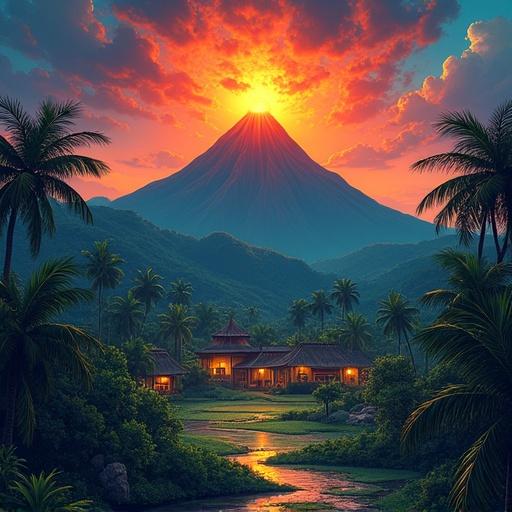 Village located beneath a glowing volcano. Scene features warm tropical colors. Elements reflect Gauguin's flat color planes. Symbolic and spiritual atmosphere with lush surroundings. Grounded triangle shape balanced against a dramatic backdrop of nature.