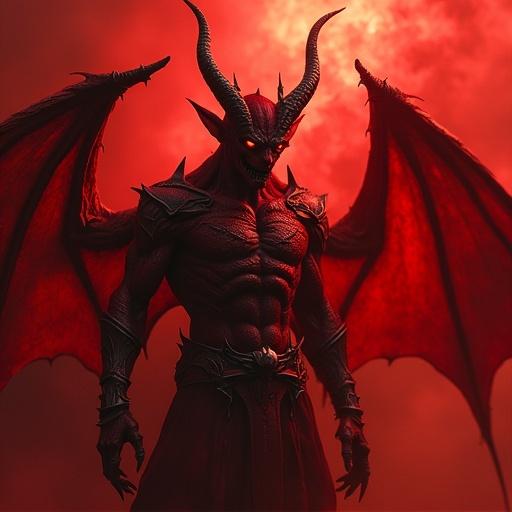 A powerful red demon with muscular physique and large horns. The background has a glowing red hue. The demon appears menacing and authoritative.