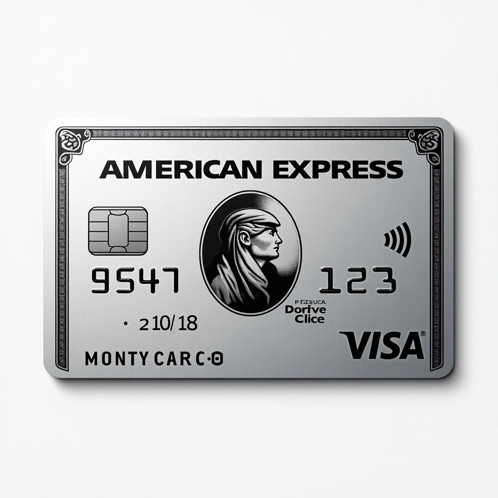 Realistic image of a platinum American Express credit card. Visa logo is prominently displayed. Cardholder name monty carlos and expiry date March 2028 are included. Silver background and bold black font used for a modern look.