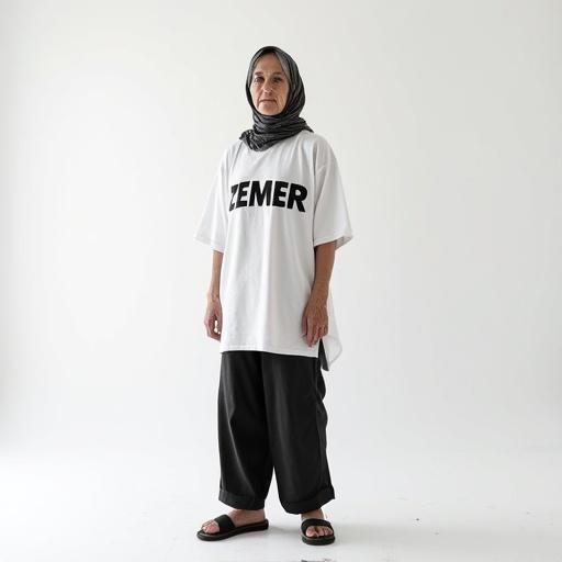 Model in oversized t-shirt with ZEMER logo. Headscarf worn. White studio background. Traditional Albanian pants and sandals. Full body image. Clear focus on the model.
