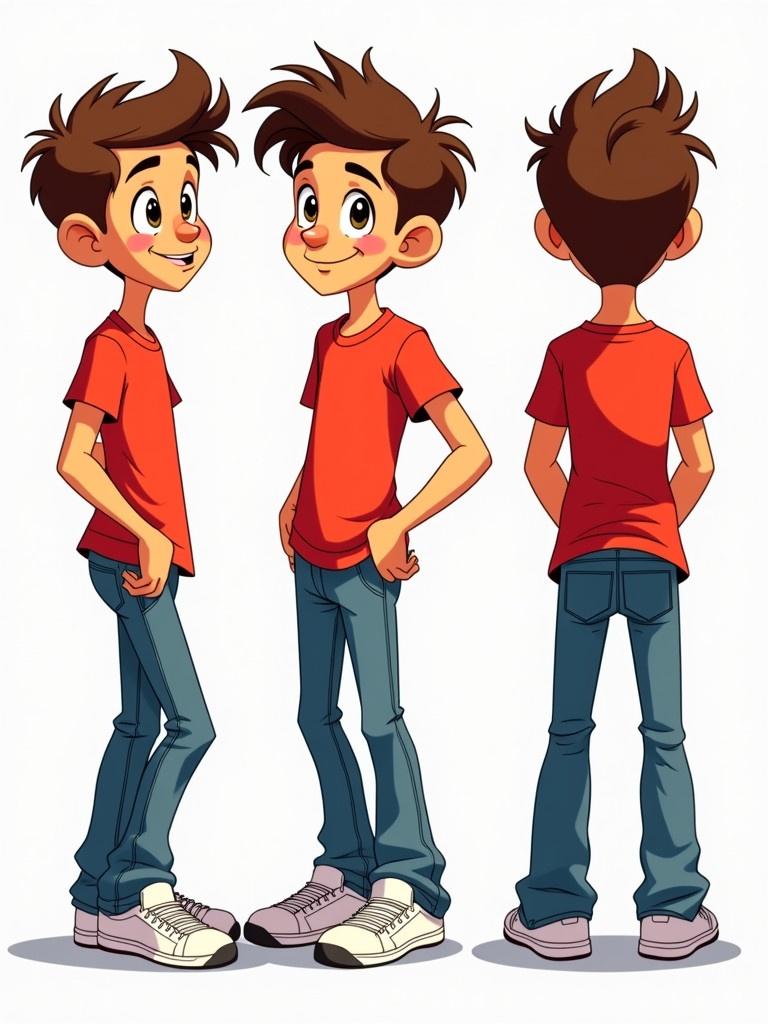 A vibrant cartoon-style illustration of a 10-year-old boy character with short spiked hair. He has hazel eyes and light tan skin. The character wears a bright red t-shirt, blue jeans, and white sneakers. Show multiple views including front, back, side, and three-quarters angle. Focus on emphasizing bold lines and detailed textures in a playful and energetic manner.