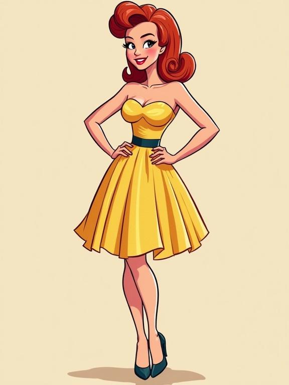 Cartoon of a woman posing in a pin-up style wearing a yellow housewife dress with a playful demeanor.