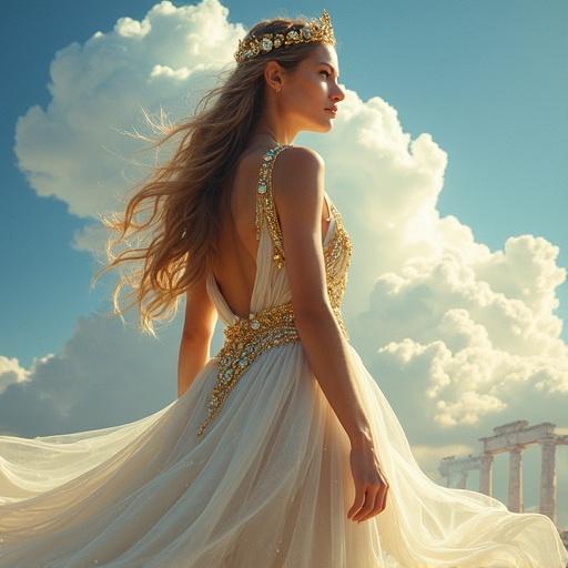A beautiful woman inspired by Hebe stands beneath a summer sky. Wears a flowing white and gold gown with fine embroidery and gemstones. Majestic open back and shoulder drapes. Long hair floats in the breeze. Magical energy swirls around her. Background features a deep blue sky and faint ruins of a temple. Serene expression of grace and power. Ultra-detailed and photorealistic.