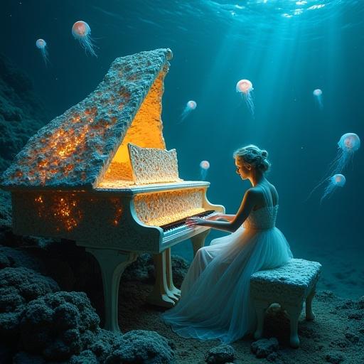 A glowing piano made from whalebone and coral. A ghostly pianist playing it deep under the ocean. Glowing jellyfish drifting around. Ancient sea spirits floating in the background. Bioluminescent light illuminating the pianist. Fantasy underwater atmosphere with high detail and emotion. Surrealism.