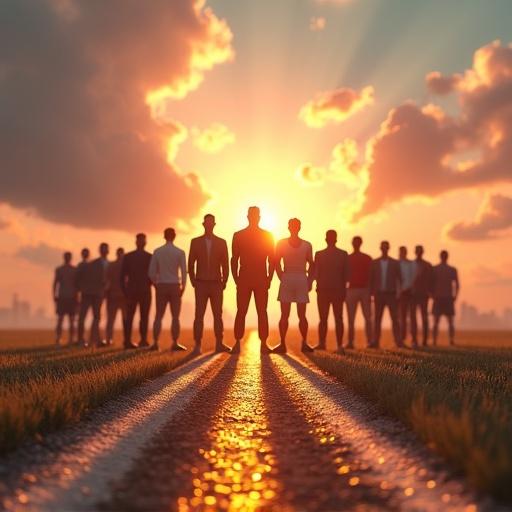 Cinematic 3D illustration of real-life heroes standing proudly. Famous football players, celebrities, entrepreneurs on a success road. Each in stylish modern outfits for their industries. Dramatic skyline with rising sun in background. Ground transitions from rough dirt to shining golden paths. Emotional scene with energy, pride, vibrant colors, dramatic lighting, determined expressions.