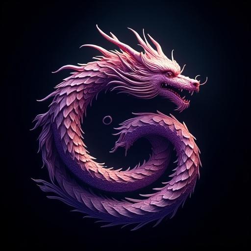 Highly detailed oriental dragon in realistic 3D vector style. Aerial view of a long segmented spiral shape. Tail forms a central spiral vortex. Majestic head with whiskers. Traditional structure maintained. Deep purple, bright violet, radiant gold, white highlights and shadows. Black background for contrast. Vector, spiritual, symbolic style with realistic lighting. High-resolution logo, dimensions 500x500.