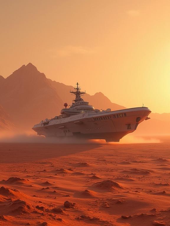 Image of the left side of a galactic freighter on a desert planet. Reddish sands cover the ground. Sharp mountains create the horizon. Atmospheric dust surrounds the ship.