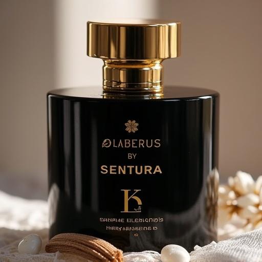 A luxurious perfume bottle in black and gold. The name Scentura by Favita is prominently displayed. Tagline included: where elegance meets essence and beauty. Focus on the sophisticated design.