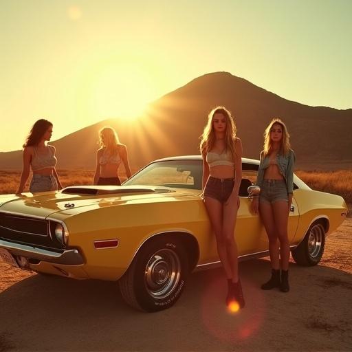 A sunset scene outside Monterrey with the recognizable Cerro de la Silla as the backdrop. Vibrant visual style reminiscent of 70s exploitation films. Young women in strong poses with retro clothing around a striking American muscle car, possibly a yellow Dodge Challenger or a vintage Ford Mustang. Car shows signs of travel with dust, evoking camaraderie and wild freedom. Warm lighting and lens flares enhance the atmosphere.