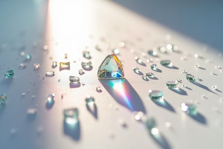 A dynamic scene captures white lighting ray through scattered tiny glass prisms on a light surface. Splitting into a colorful spectrum. Subtle light intensity creates a surreal ambiance. White surface emphasizes the prismatic burst. Scatter reflections dance across the surface. View from directly above.