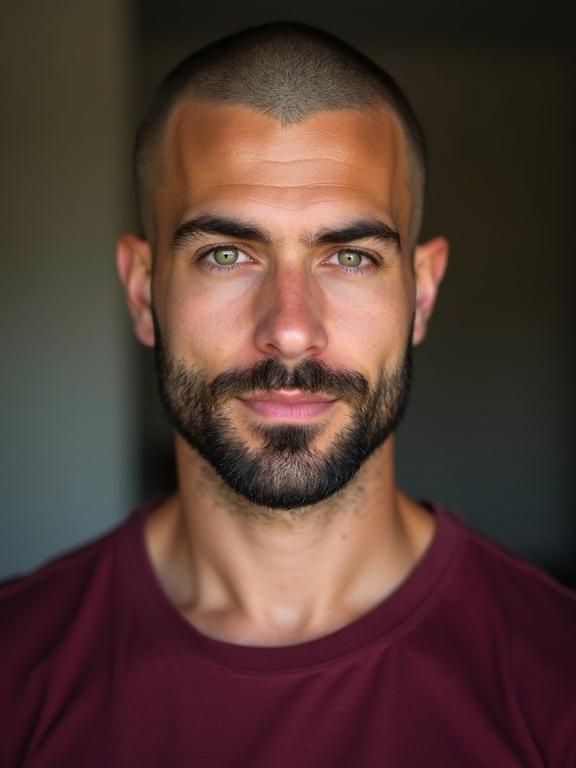Portrait of a young man with green eyes and a beard. Shaved head and muscular physique. Wearing a maroon t-shirt. Natural features and warm expression emphasized.