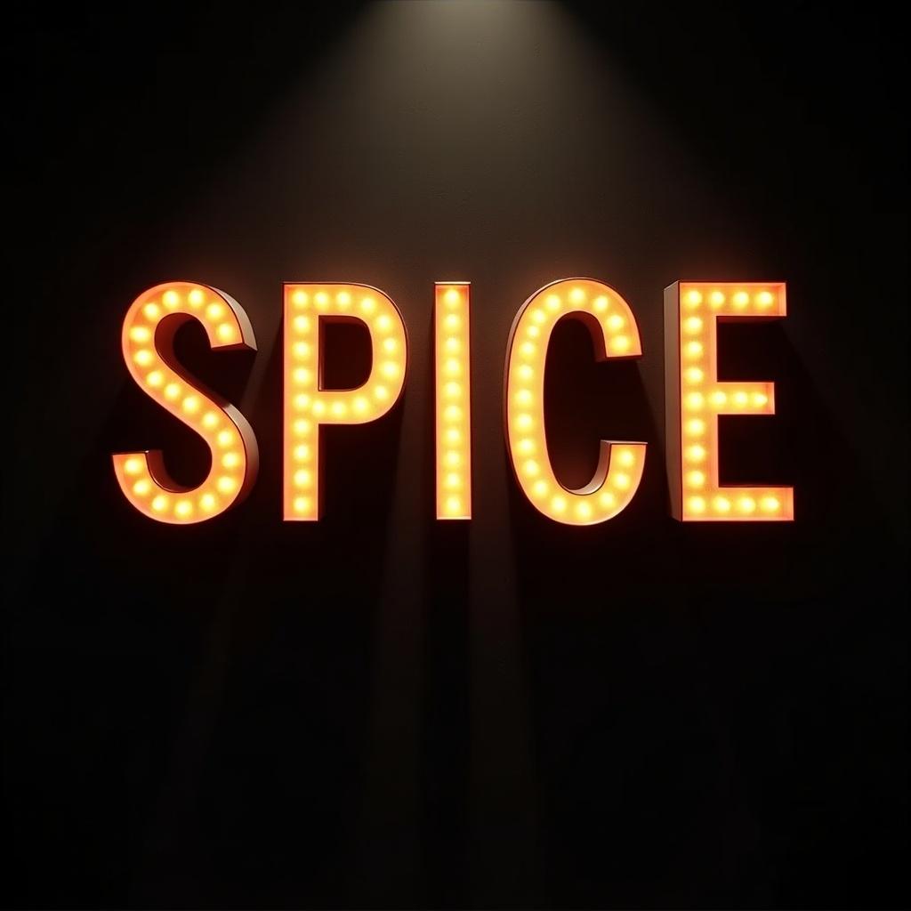 Neon letters spell out 'SPICE' with dramatic lighting. Text transformed to 'NOBEL'. Text transformed to 'GURURLA'. Text transformed to 'SUNAR'. Enhanced visual appeal using spotlight.