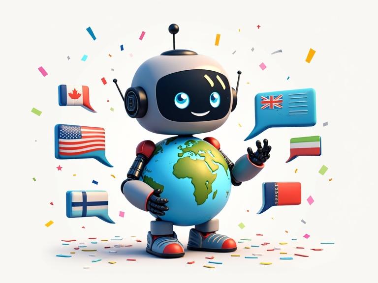A friendly robot character named Kiki holds a globe. Chat bubbles surround Kiki displaying various country flags. The background is filled with colorful confetti. A pop-up shows the message 7-Day Free Trial.