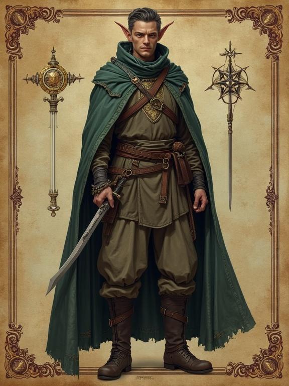 Detailed D&D character design featuring Elrian with sharp ears and gray-green eyes. Dressed practically in comfortable clothes, with a sturdy cloak and investigator's badge. Equipped with a short sword and dagger at the belt. Background includes magical patterns and warrior insignia on parchment.