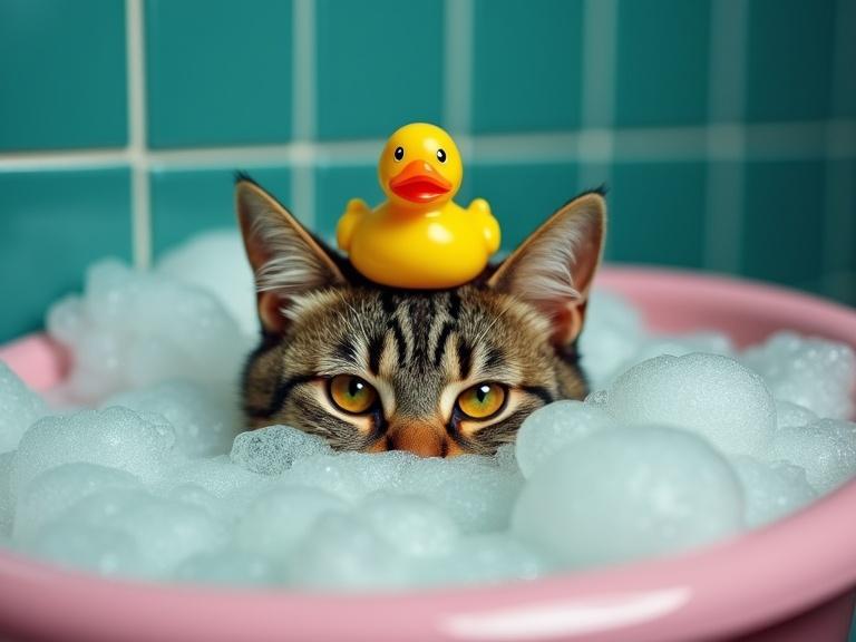 Surreal photo of a cat in bubble bath. Only cat's face visible. Yellow rubber duck sitting on head. Teal tiles and pink tub edges. Moody and glossy details.