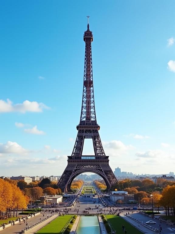 Photograph depicts Eiffel Tower during the day. The sky is clear blue with white clouds. Autumn trees display yellow and orange leaves. Cityscape includes buildings and streets below. People walk and cars are visible on the road. The Eiffel Tower is centered in the frame. Bright sunlight enhances the scene. High contrast and vibrant colors capture the picturesque view.