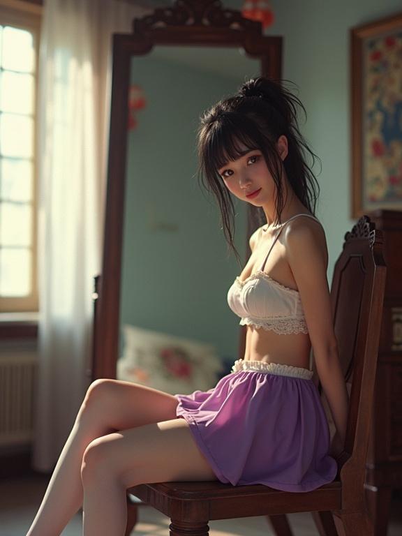 Petite Asian girl in a feudal China room. She sits on a chair in front of a large mirror. Wears purple and white mini skirt, light cream wired foam bra, white sheer stockings. Hair tied back, glossy blue eyes. Looking at camera, smiling softly. Overexposed flash photography, nostalgic early 2000s vibe. Highlight analog realism versus animated aesthetics.