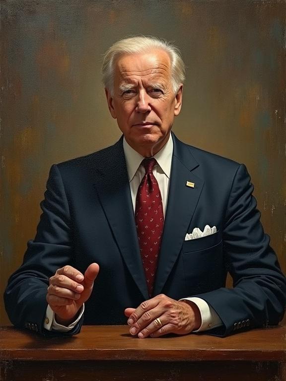 Biden standing at a table. He is wearing a dark suit with a patterned tie. His hands are gesturing as if making a point. The background is warm and textured giving a professional appearance.