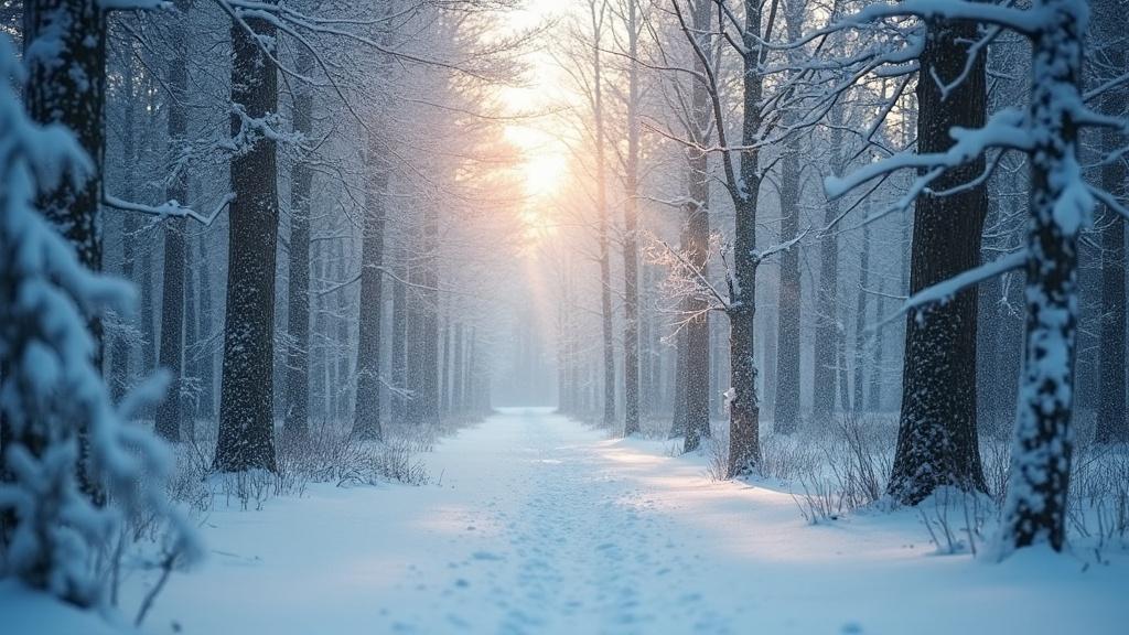 This image depicts a stunning winter scene showcasing the first snowfall of the season. A serene pathway winds through a forest of tall trees, their branches draped in white snow. The ambiance is tranquil, enhanced by soft, diffused lighting from a warm sunset illuminating the path. Light flurries of snow appear to be gently falling from the sky, creating a magical effect. The overall mood evokes feelings of peace and beauty in nature.