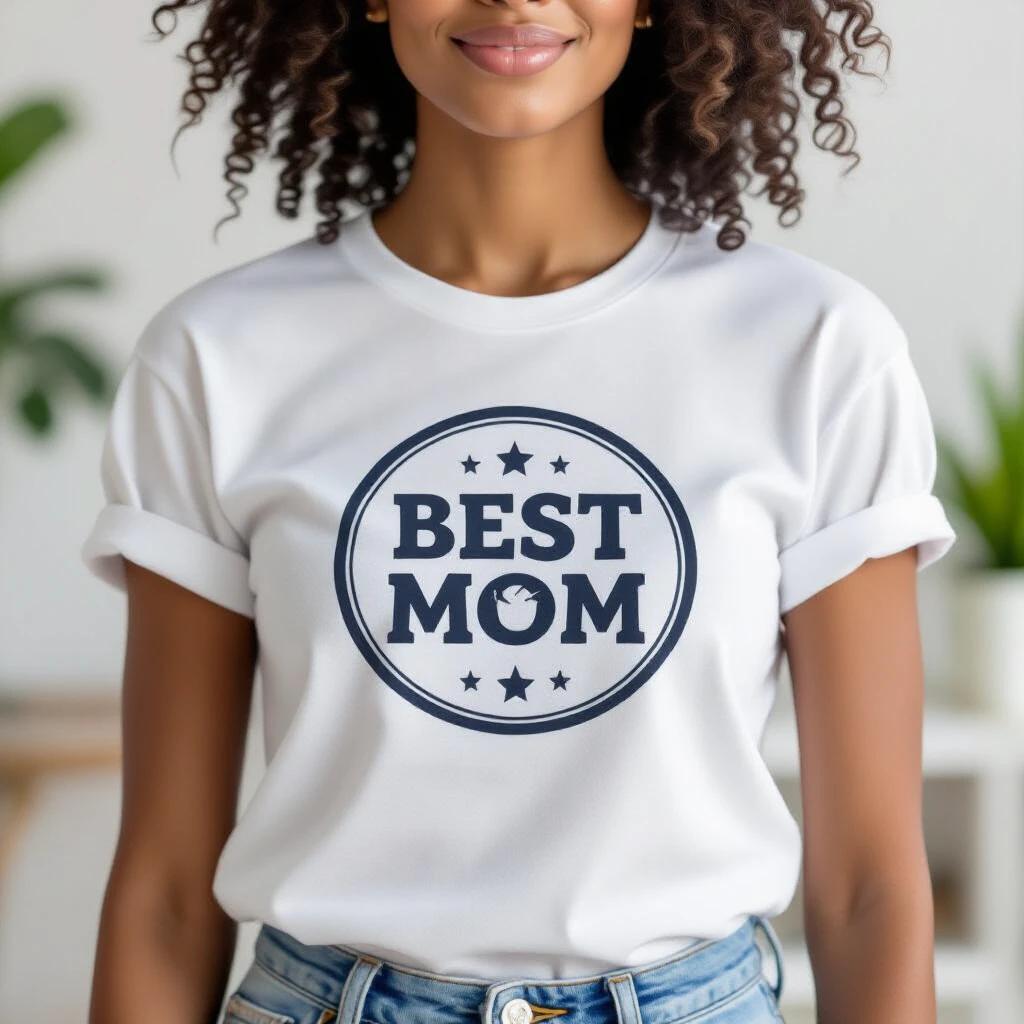 Woman wearing a white t-shirt with the words 'Best Mom' in a circular design. Smiling and standing in a bright interior with indoor plants.