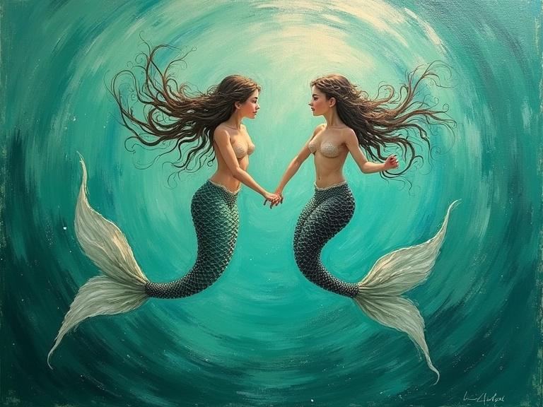 Two beautiful mermaids encircle each other in green water. Vivid oil painting displays textured brush strokes throughout the composition. The scene captures an underwater dreamlike quality. The mermaids share a serene connection while gracefully swimming together.