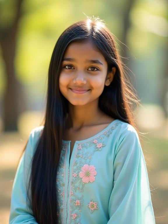 A beautiful young girl around 18 years old with long straight black hair smiles gently. She wears a light blue salwar kameez with pink floral embroidery. The scene is in a sunlit outdoor setting with soft rays filtering through trees. The focus is on natural beauty and calm expression.