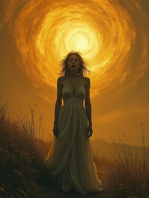 A portrait captures a figure in a flowing dress in a swirling landscape. The subject shows disappointment and astonishment with wide eyes. Warm amber and gold hues cast an ethereal glow. The background has abstract, shifting patterns creating a surreal atmosphere. 300 dpi, breathtaking sharpness, female power.
