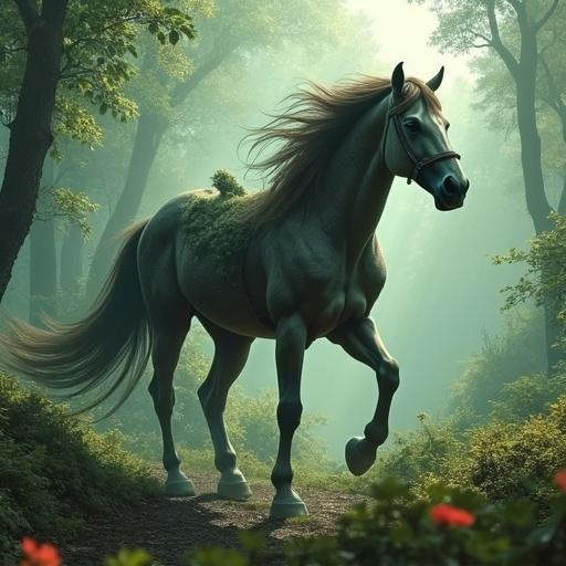 An image depicting a horse with a zombie rider in a dark and shadowy forest setting.