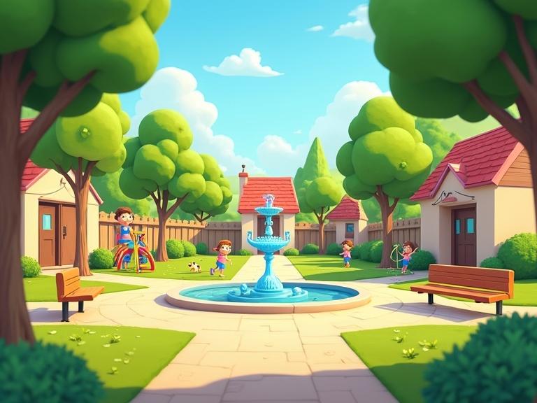 Animated view of a neighborhood park with a fountain. Central fountain surrounded by trees and benches. Children playing on playground equipment. Colorful slides and swings. Dog running in background. Friendly and inviting atmosphere on a sunny day.