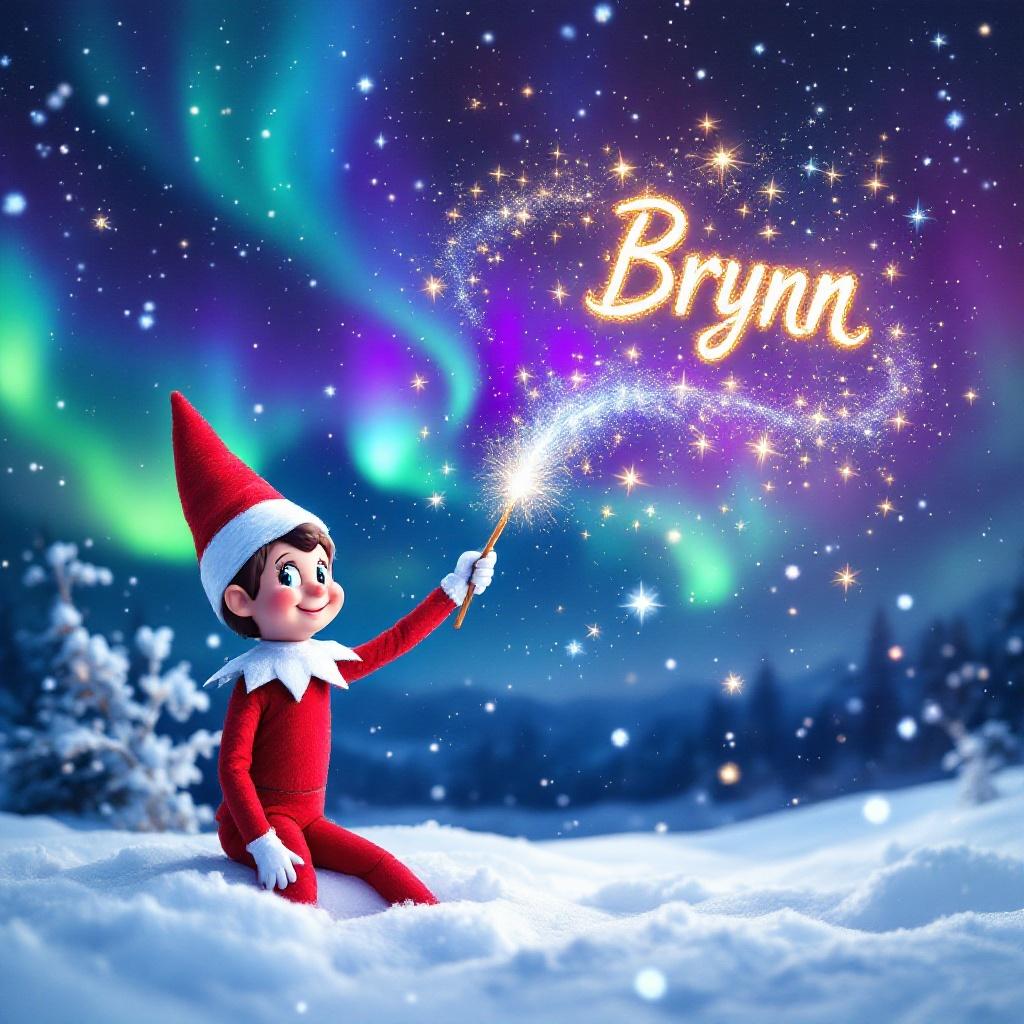 A snowy winter landscape features a starry night sky. Northern lights swirl in green, purple, and blue across the horizon. In the foreground, there is a cheerful Elf on the Shelf, dressed in red and white. The elf holds a shimmering magic wand, twirling it. Sparkling letters form the name 'Brynn' in golden script. Soft snowflakes fall around this magical scene.