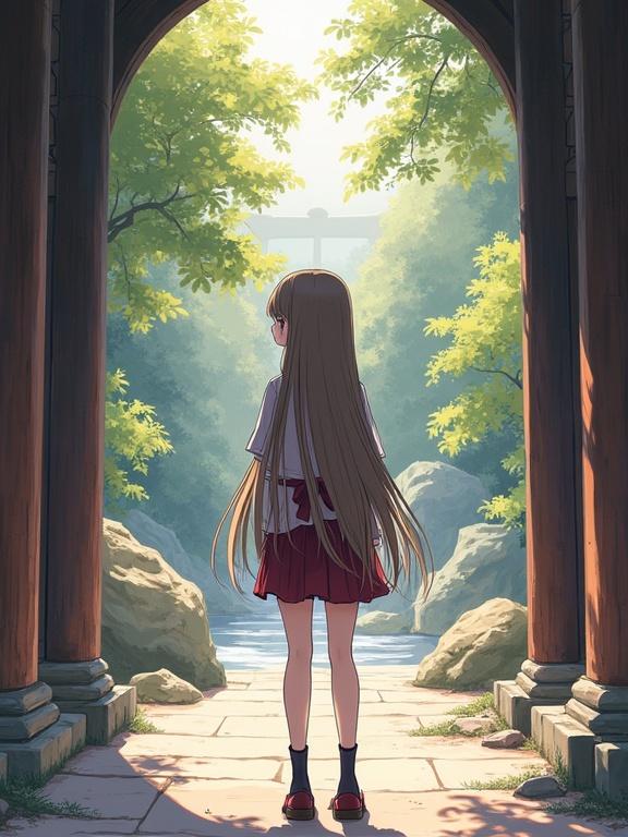 Young girl standing at a shrine entrance. Long hair with a flower. Wearing a school uniform. Surrounded by trees and rocks. Soft sunlight in the background.