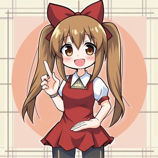 Anime character girl with pigtails smiles cheerfully in an apron. Bright colors and cute design create a lively atmosphere.