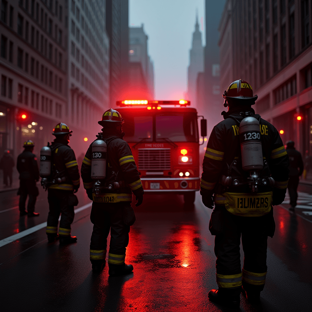 Firefighters stand in the street near a fire truck, ready for action in the misty city evening.