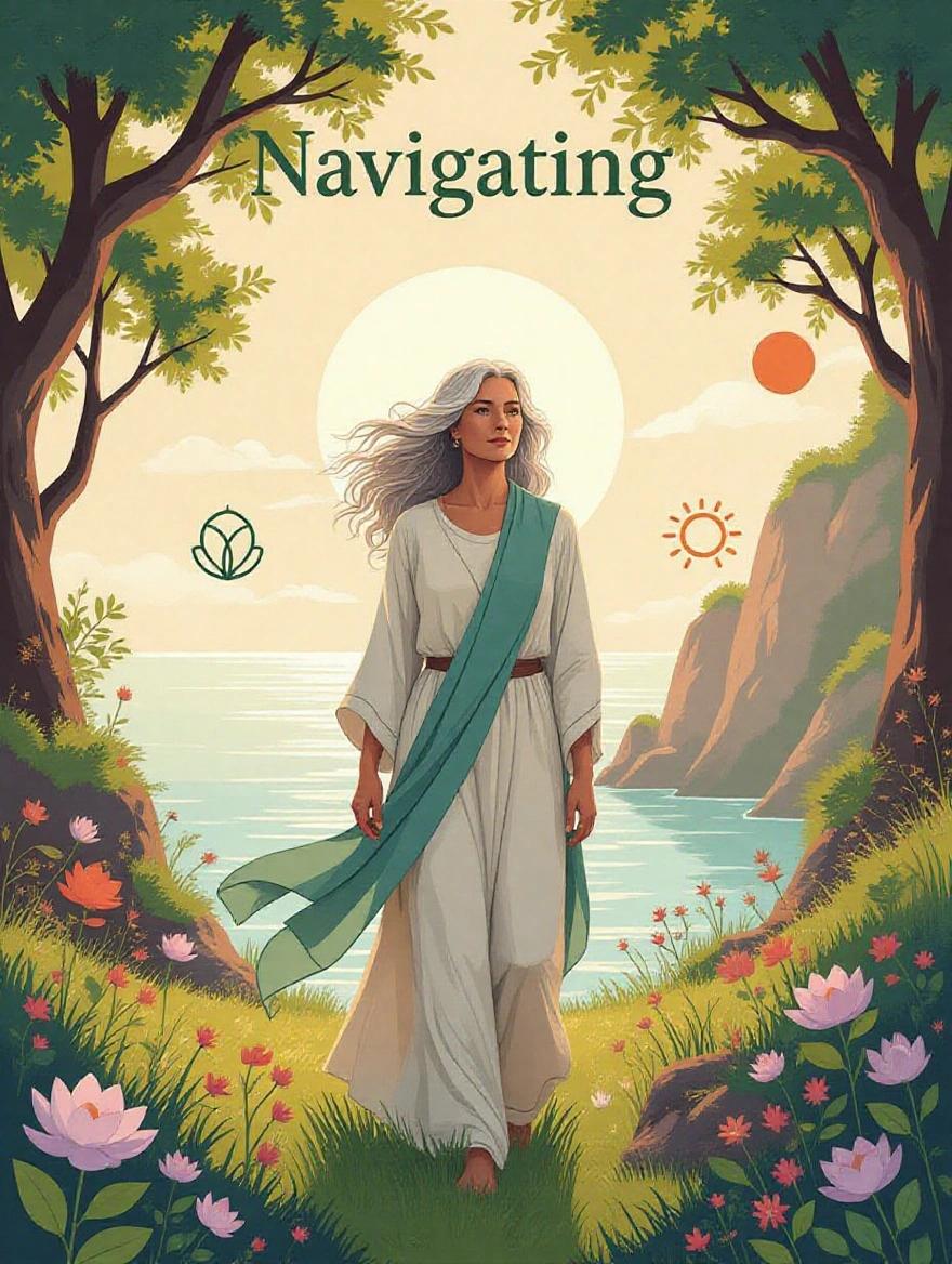 Cover concept featuring mature woman in serene setting. She stands in a sunlit forest near coastal cliffs at dawn. Her posture is calm and strong. Colors include soft earthy tones. Elements like blooming wildflowers and a lotus suggest renewal. Subtle icons show natural remedies and new beginnings. Typography is clean and modern. Background has soft gradients and organic patterns.