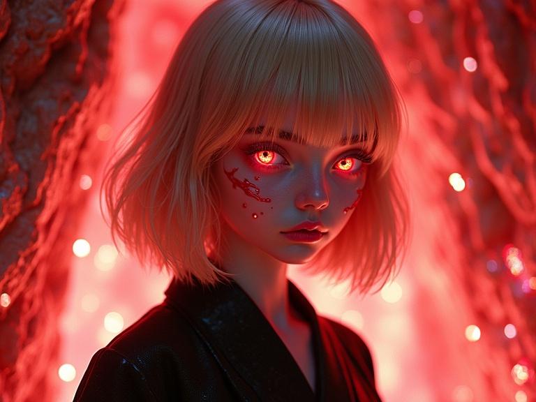 Portrait of a young female character with glowing red eyes. Shoulder length blonde hair with red stripes. Pale skin adorned with red crystal patches. Wearing a black kimono. Standing in a red crystalline cave with glowing elements. Focus on vibrant colors and surreal elements.