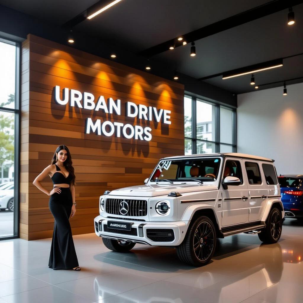 Modern car sales showroom features wooden elements. A big 3D metallic sign reads Urban Drive Motors. Warm lighting creates an inviting atmosphere. The high-resolution image shows a stylish setting with an AMG G-Wagon prominently displayed.