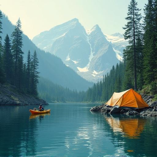 Kayaking and camping in a beautiful wilderness area. A person paddles in a kayak on a serene lake with mountains in the background. An orange tent is set up by the lakeshore surrounded by pine trees.