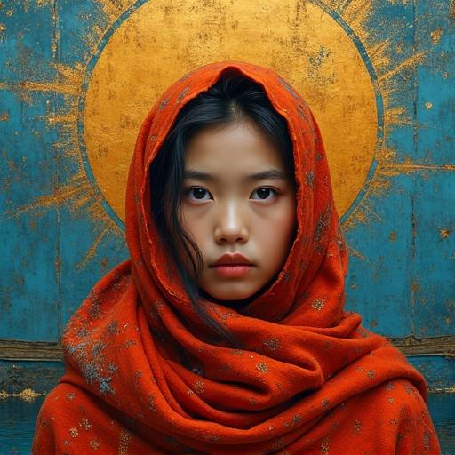 Close-up of a Tibetan woman with amber gaze. She wears a tattered kintsugi orange hijab and red cashmere clothing. Blue golden kintsugi background with golden rain light texture. Misty sun embraces her. Visual depth with Kashmir lake and traditional shikara boat in turquoise shades.