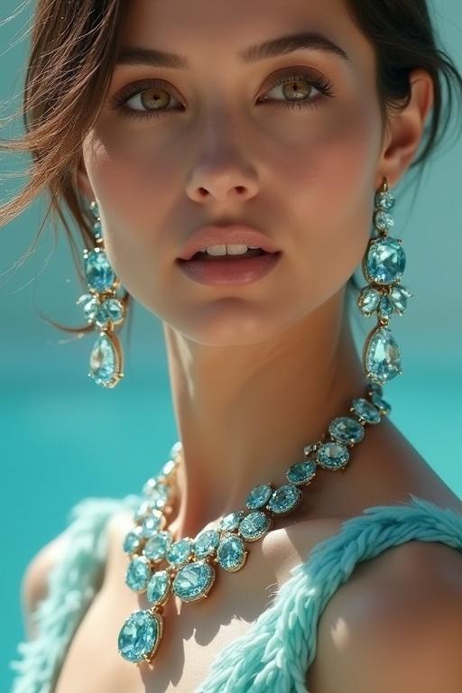 Close-up of an elegant model showcasing aquamarine gemstone jewelry. Jewelry includes a statement necklace, matching earrings, and a refined ring. Features glowing clarity and brilliance. Studio lighting with contrast and lens flares emphasizes sparkle. Icy blue or light gold background enhances aquamarine tones. Model has sleek hair and luminous skin, with minimal makeup. Ultra-realistic detail draws attention.