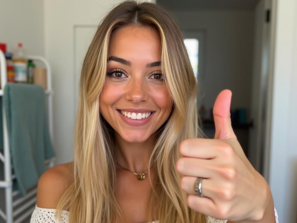 A young woman takes a selfie in a bathroom. She has long, straight blonde hair and her makeup is well done, highlighting her features. The background shows a bathroom with a towel rack and some personal items. The woman is smiling confidently and looks friendly. She is holding her right hand up, giving a thumbs up sign, indicating approval or joy.