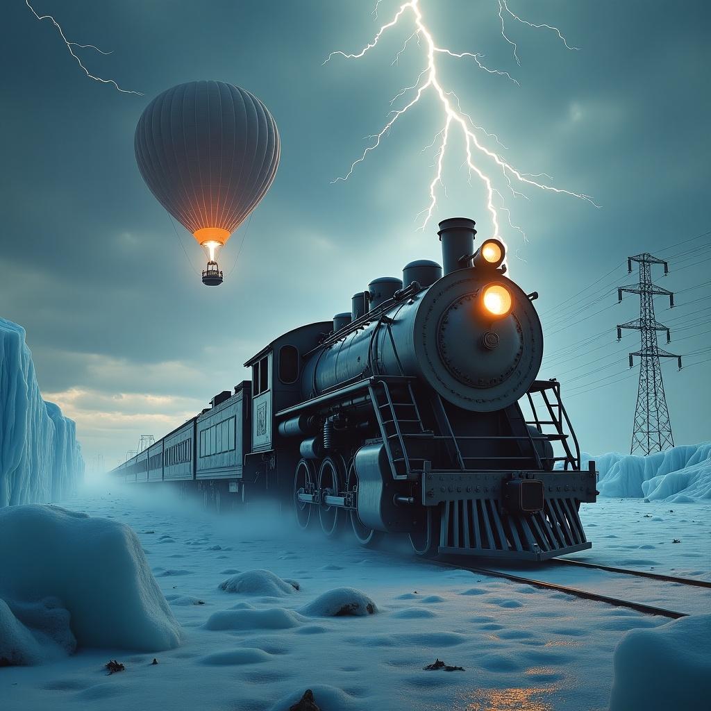 Atmospheric surrealist illustration featuring a train in a vast icy landscape. The train has a vintage design with glowing headlights. It moves across jagged ice formations. A hot air balloon floats above, tethered by a rope, surrounded by lightning. The sky is stormy and dark, with heavy clouds. Include tall power lines in the background and a small floating object to enhance the surreal quality. Use cool tones with warm highlights, and strong light contrasts to evoke mystery and adventure.